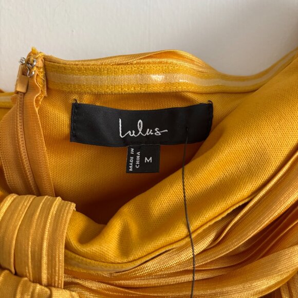 Lulus Whimsical Beauty Golden Yellow Satin Plisse Strapless Maxi Dress - Picture 3 of 4